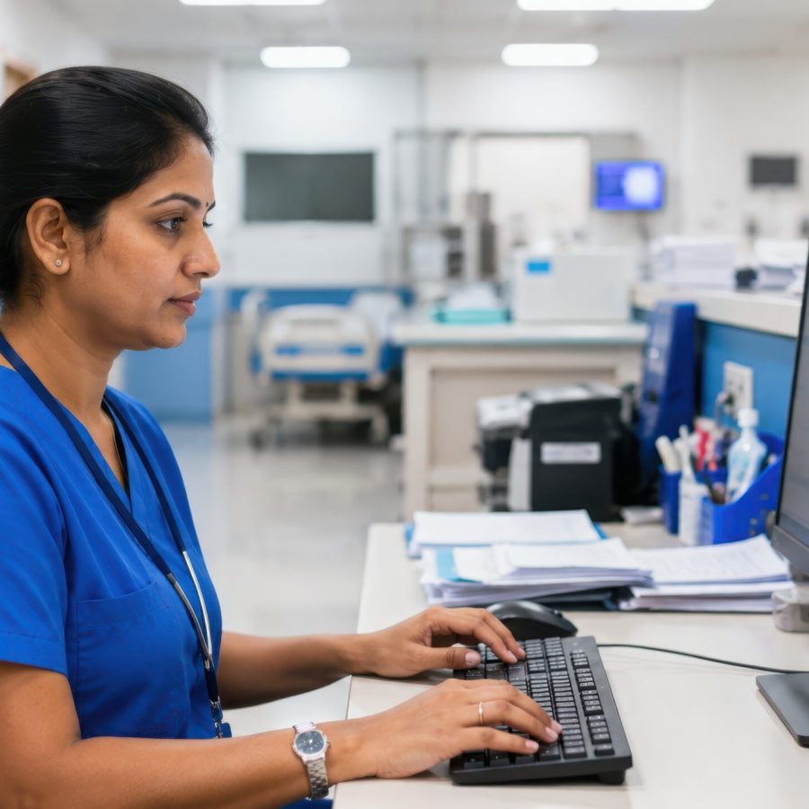 Nurse working on computer at busy hospital desk.