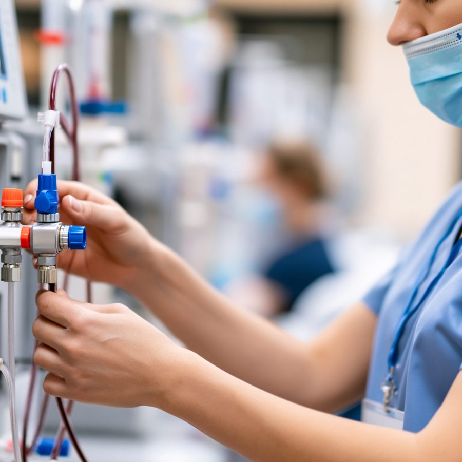 Faceless healthcare worker adjusting tubing and valves on a dialysis machine in a treatment clinic, focused technical care, defocused dialysis clinic interior in background, renal