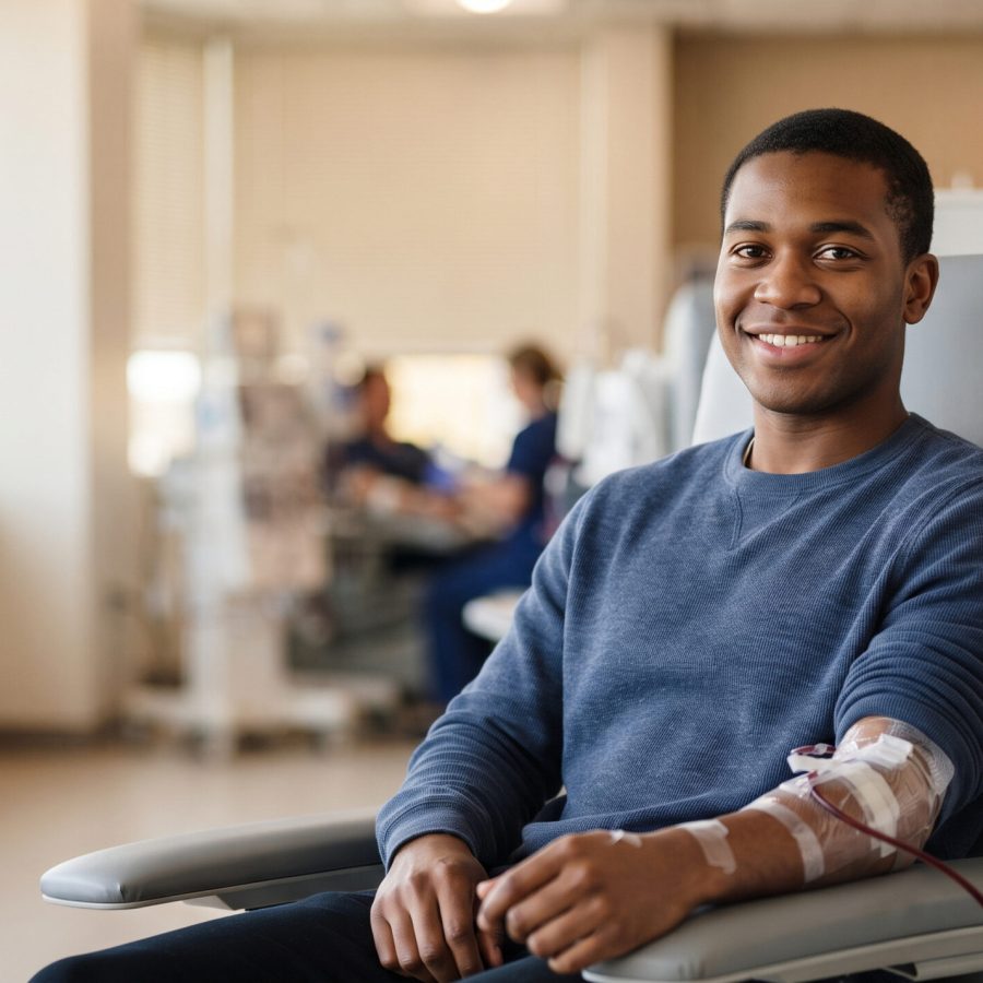 Dialysis patient smiling in clinic chair with blood access on arm